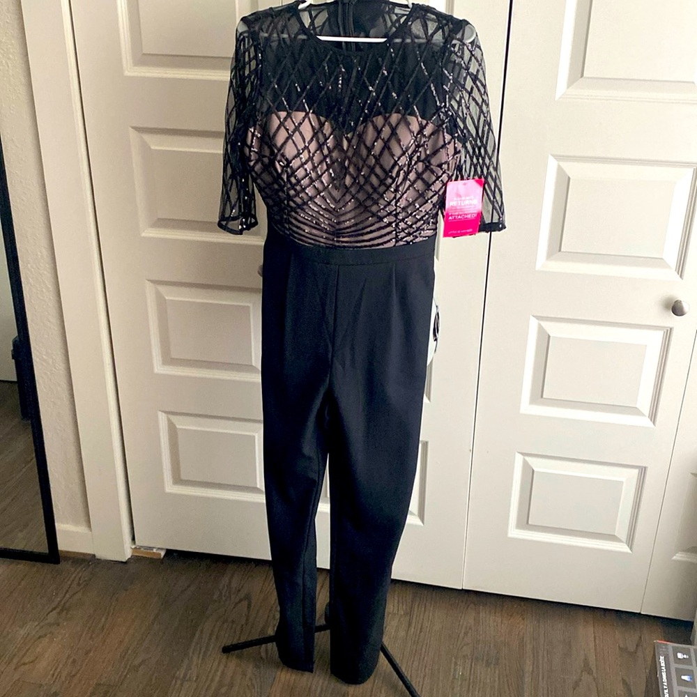 ASOS Beaded Illusion Neckline Straight Leg Jumpsuit Black Size 8 NWT NEVER WORN